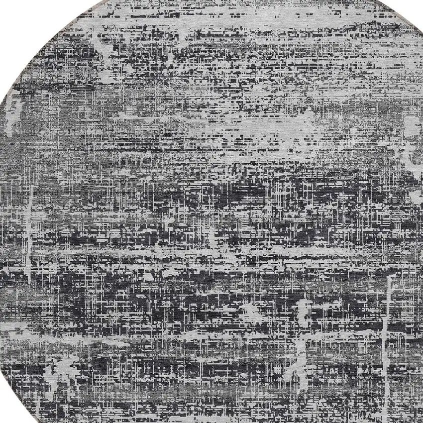 8' Black Gray And Charcoal Round Abstract Washable Indoor Outdoor Area Rug Photo 4