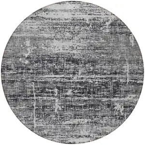 Photo of 8' Black Gray And Charcoal Round Abstract Washable Indoor Outdoor Area Rug