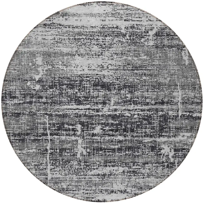 8' Black Gray And Charcoal Round Abstract Washable Indoor Outdoor Area Rug Photo 5