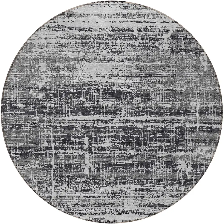 8' Black Gray And Charcoal Round Abstract Washable Indoor Outdoor Area Rug Photo 5