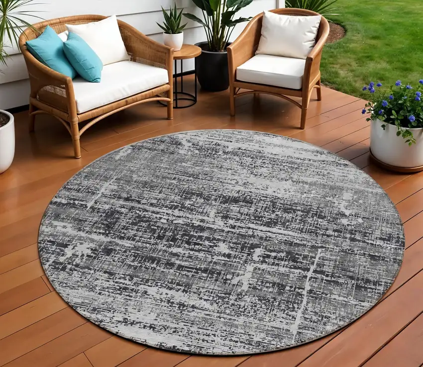 8' Black Gray And Charcoal Round Abstract Washable Indoor Outdoor Area Rug Photo 1