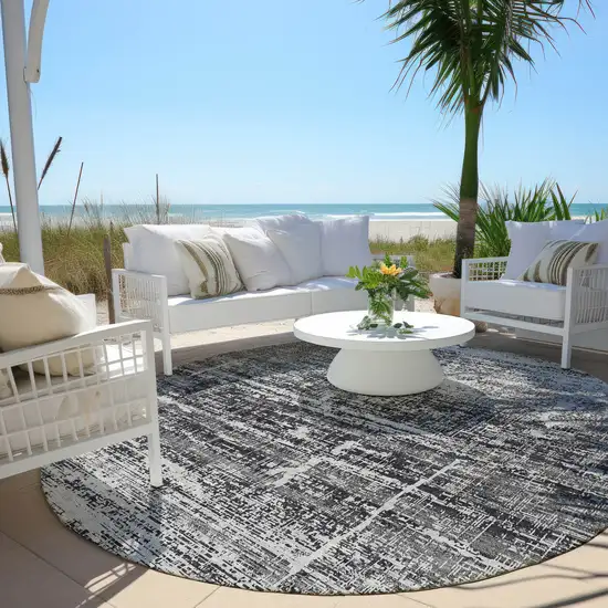 8' Black Gray And Charcoal Round Abstract Washable Indoor Outdoor Area Rug Photo 6