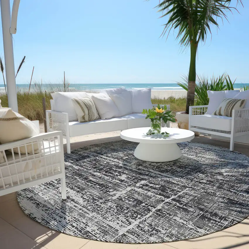 8' Black Gray And Charcoal Round Abstract Washable Indoor Outdoor Area Rug Photo 6