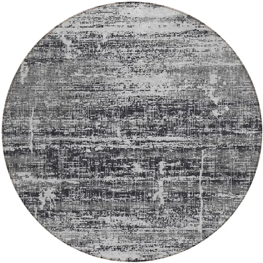 8' Black Gray And Charcoal Round Abstract Washable Indoor Outdoor Area Rug Photo 1