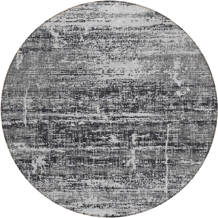 8' Black Gray And Charcoal Round Abstract Washable Indoor Outdoor Area Rug Photo 1