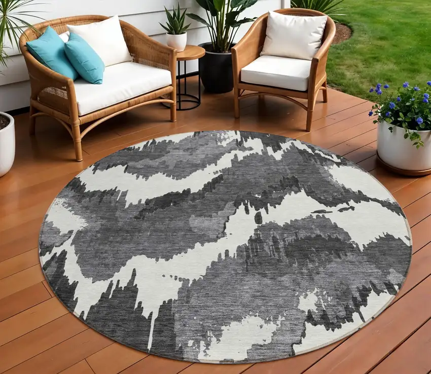 8' Black Gray And Charcoal Round Abstract Washable Indoor Outdoor Area Rug Photo 1