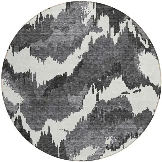 8' Black Gray And Charcoal Round Abstract Washable Indoor Outdoor Area Rug Photo 2