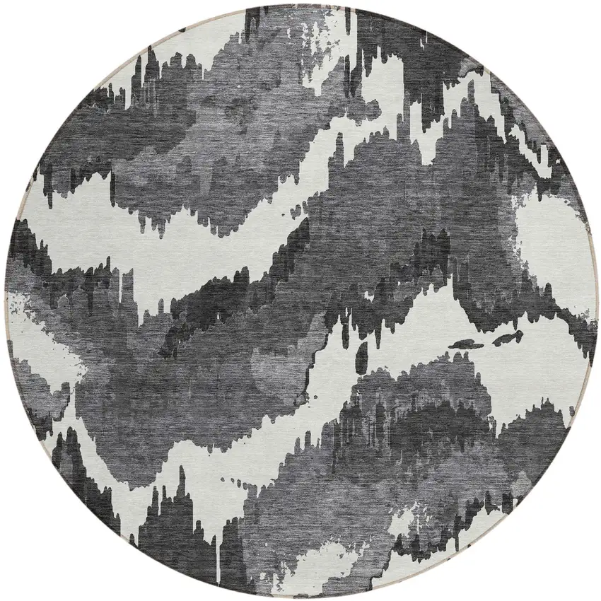 8' Black Gray And Charcoal Round Abstract Washable Indoor Outdoor Area Rug Photo 2