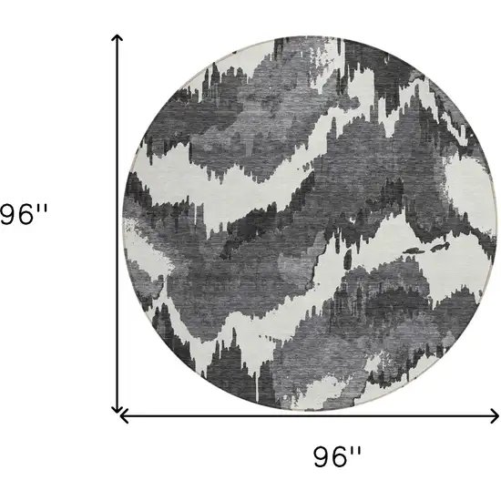 8' Black Gray And Charcoal Round Abstract Washable Indoor Outdoor Area Rug Photo 3