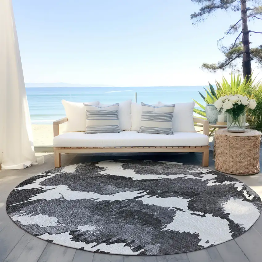 8' Black Gray And Charcoal Round Abstract Washable Indoor Outdoor Area Rug Photo 7