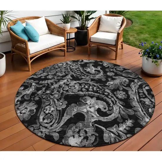 8' Black Gray And Charcoal Round Paisley Washable Indoor Outdoor Area Rug Photo 1