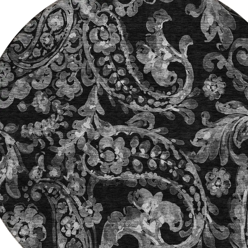8' Black Gray And Charcoal Round Paisley Washable Indoor Outdoor Area Rug Photo 4