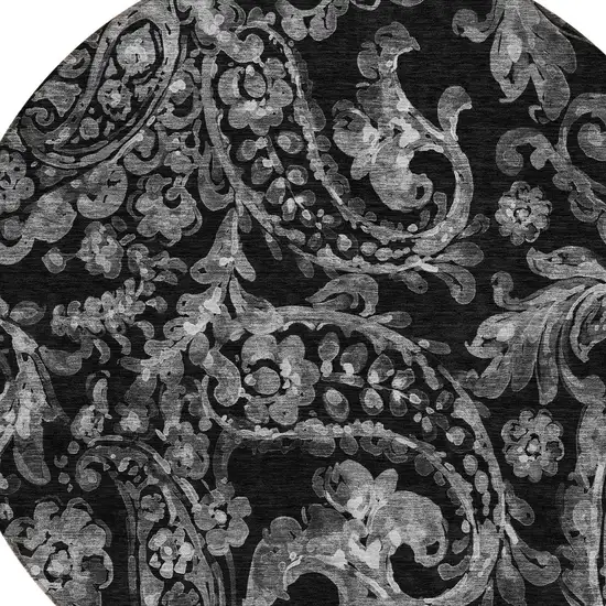 8' Black Gray And Charcoal Round Paisley Washable Indoor Outdoor Area Rug Photo 4
