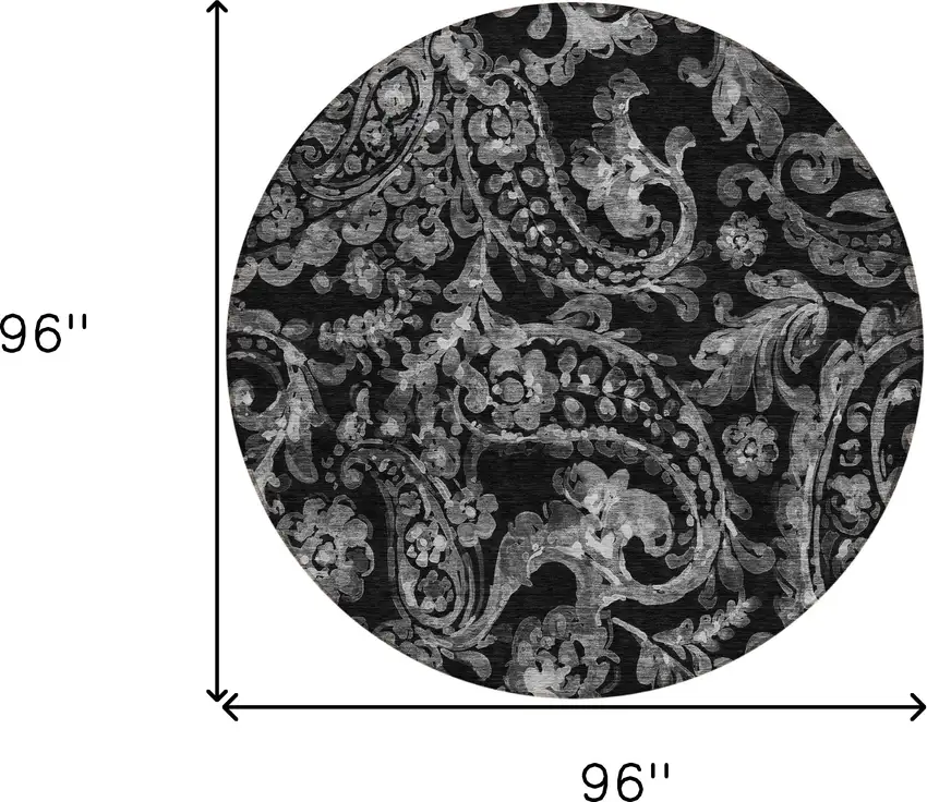 8' Black Gray And Charcoal Round Paisley Washable Indoor Outdoor Area Rug Photo 3