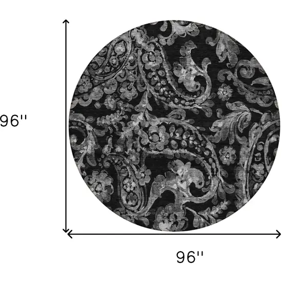 8' Black Gray And Charcoal Round Paisley Washable Indoor Outdoor Area Rug Photo 3