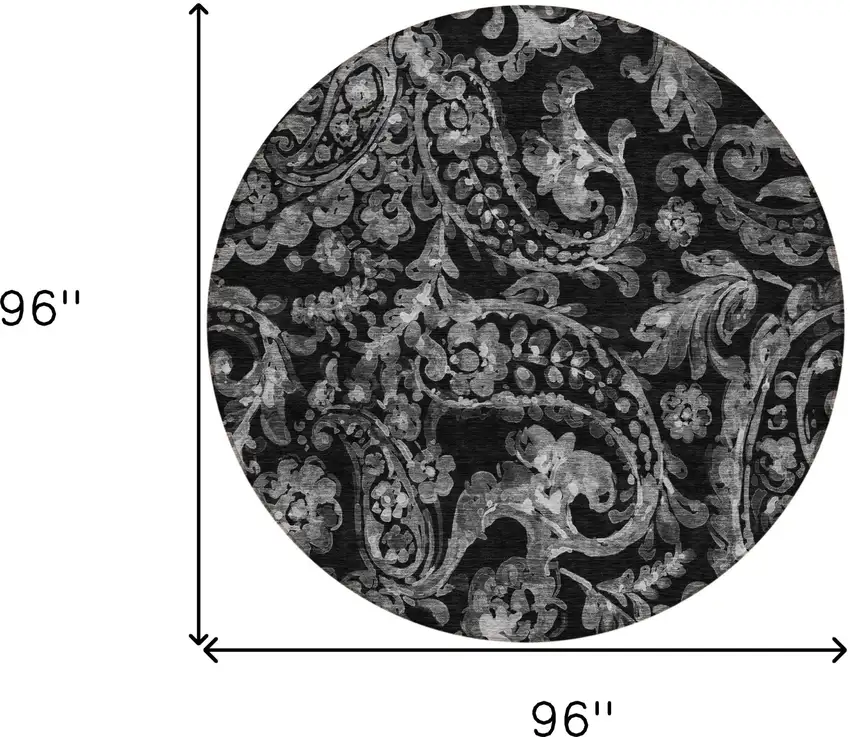 8' Black Gray And Charcoal Round Paisley Washable Indoor Outdoor Area Rug Photo 3