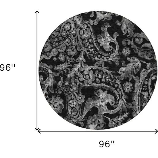 8' Black Gray And Charcoal Round Paisley Washable Indoor Outdoor Area Rug Photo 3