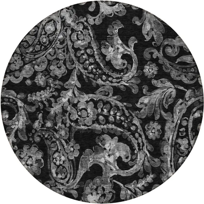 8' Black Gray And Charcoal Round Paisley Washable Indoor Outdoor Area Rug Photo 2