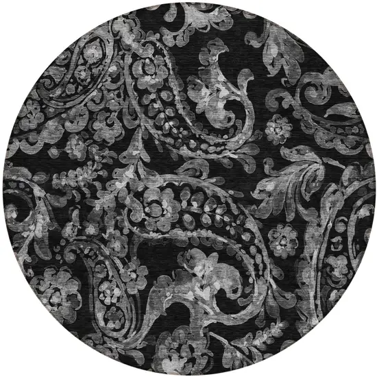 8' Black Gray And Charcoal Round Paisley Washable Indoor Outdoor Area Rug Photo 2