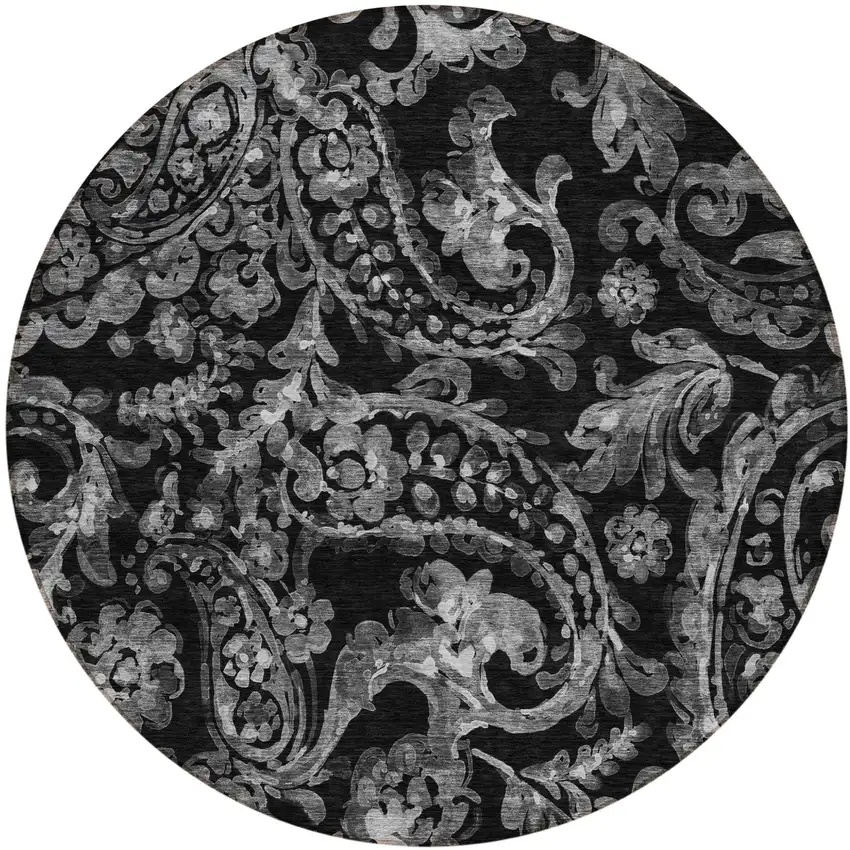 8' Black Gray And Charcoal Round Paisley Washable Indoor Outdoor Area Rug Photo 2