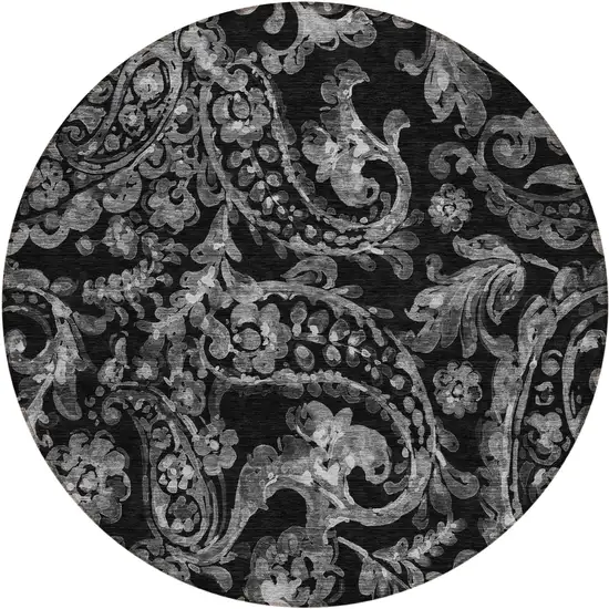 8' Black Gray And Charcoal Round Paisley Washable Indoor Outdoor Area Rug Photo 2
