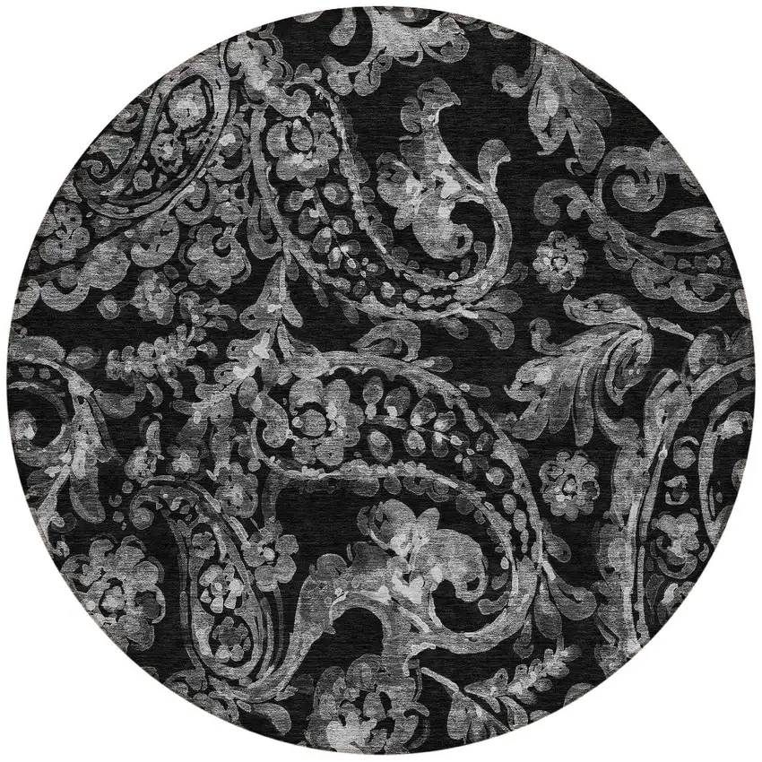 8' Black Gray And Charcoal Round Paisley Washable Indoor Outdoor Area Rug Photo 5