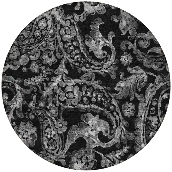 8' Black Gray And Charcoal Round Paisley Washable Indoor Outdoor Area Rug Photo 5