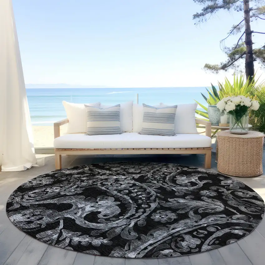 8' Black Gray And Charcoal Round Paisley Washable Indoor Outdoor Area Rug Photo 6