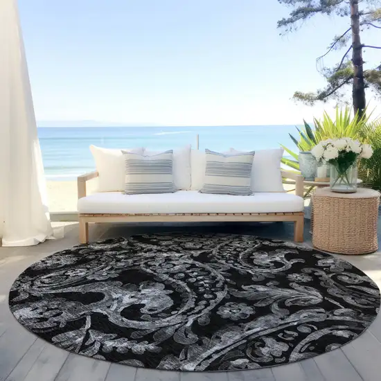 8' Black Gray And Charcoal Round Paisley Washable Indoor Outdoor Area Rug Photo 6