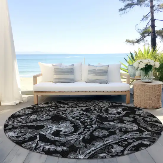 8' Black Gray And Charcoal Round Paisley Washable Indoor Outdoor Area Rug Photo 6
