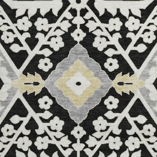 8' Black Gray And Gold Floral Washable Round Rug With UV Protection Photo 4