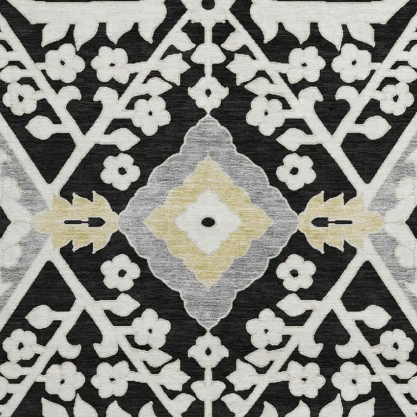 8' Black Gray And Gold Floral Washable Round Rug With UV Protection Photo 4