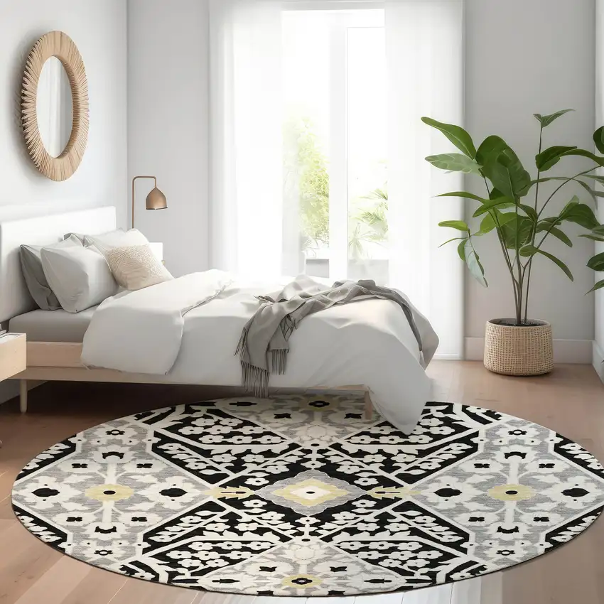 8' Black Gray And Gold Floral Washable Round Rug With UV Protection Photo 6