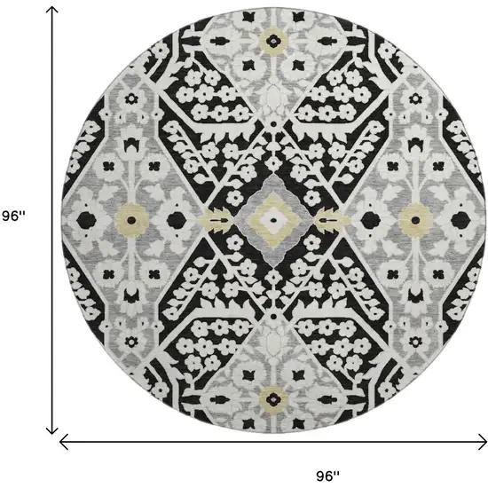 8' Black Gray And Gold Floral Washable Round Rug With UV Protection Photo 3