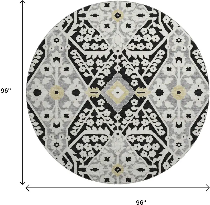 8' Black Gray And Gold Floral Washable Round Rug With UV Protection Photo 3