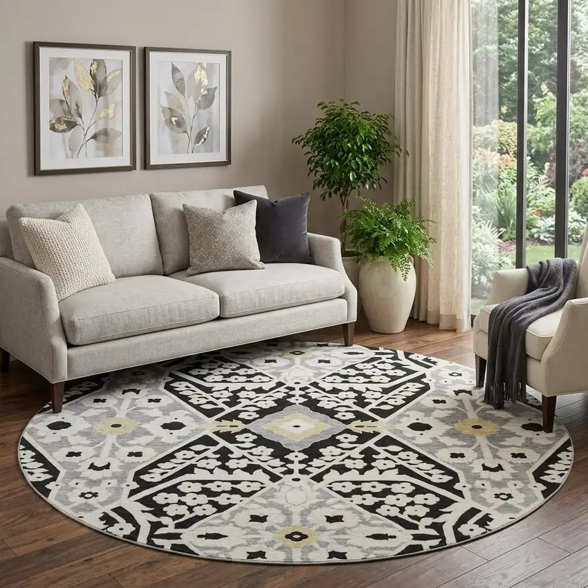 8' Black Gray And Gold Floral Washable Round Rug With UV Protection Photo 1