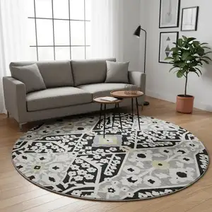 Photo of 8' Black Gray And Gold Floral Washable Round Rug With UV Protection