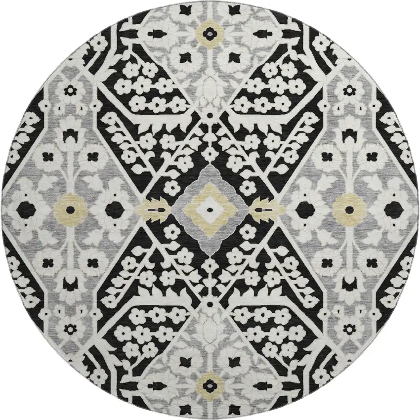 8' Black Gray And Gold Floral Washable Round Rug With UV Protection Photo 2