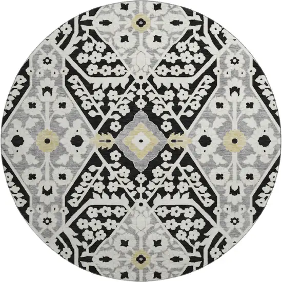 8' Black Gray And Gold Floral Washable Round Rug With UV Protection Photo 2