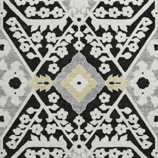 8' Black Gray And Gold Floral Washable Round Rug With UV Protection Photo 5
