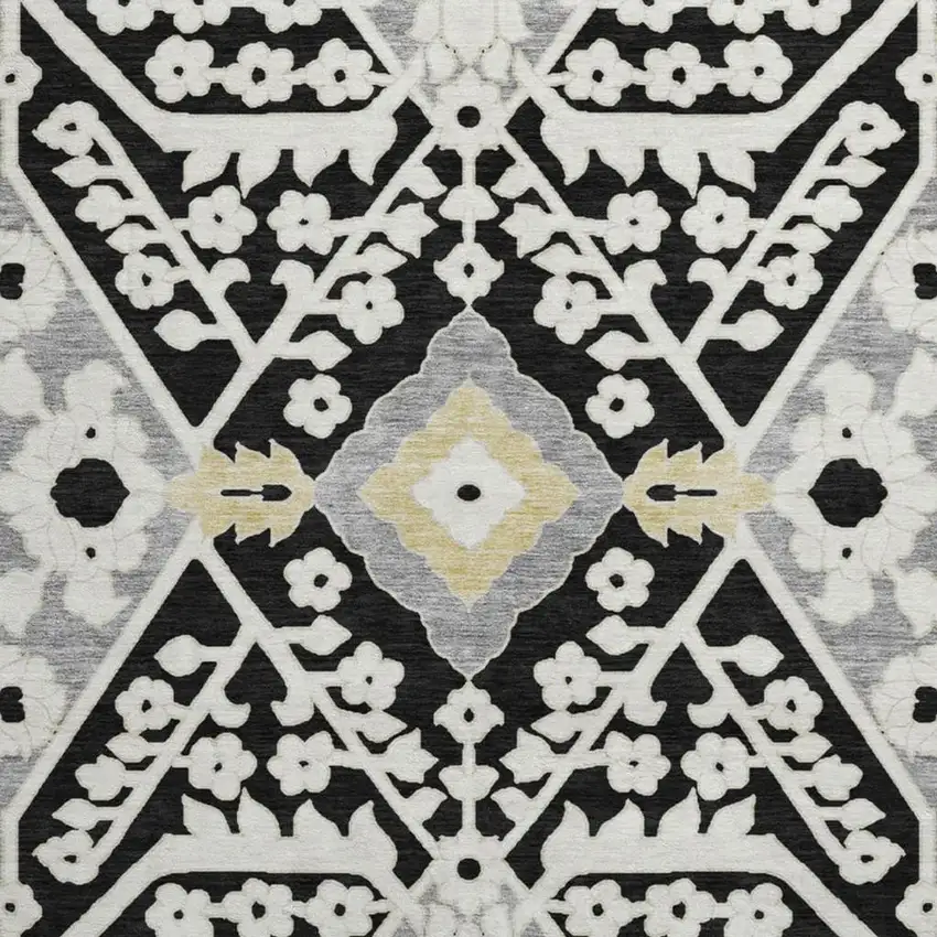 8' Black Gray And Gold Floral Washable Round Rug With UV Protection Photo 5