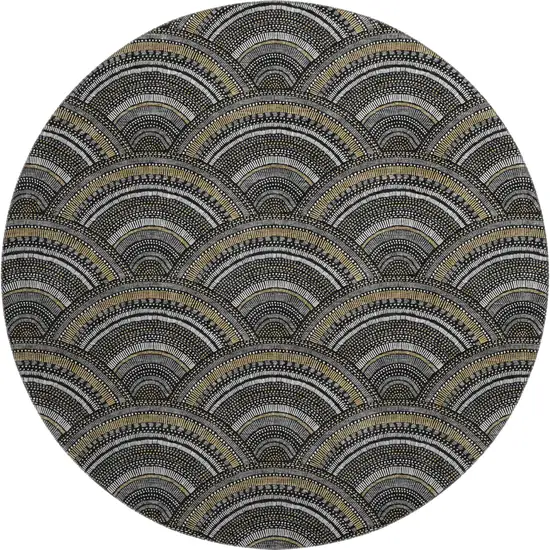 8' Black Gray And Gold Geometric Washable Round Rug With UV Protection Photo 1