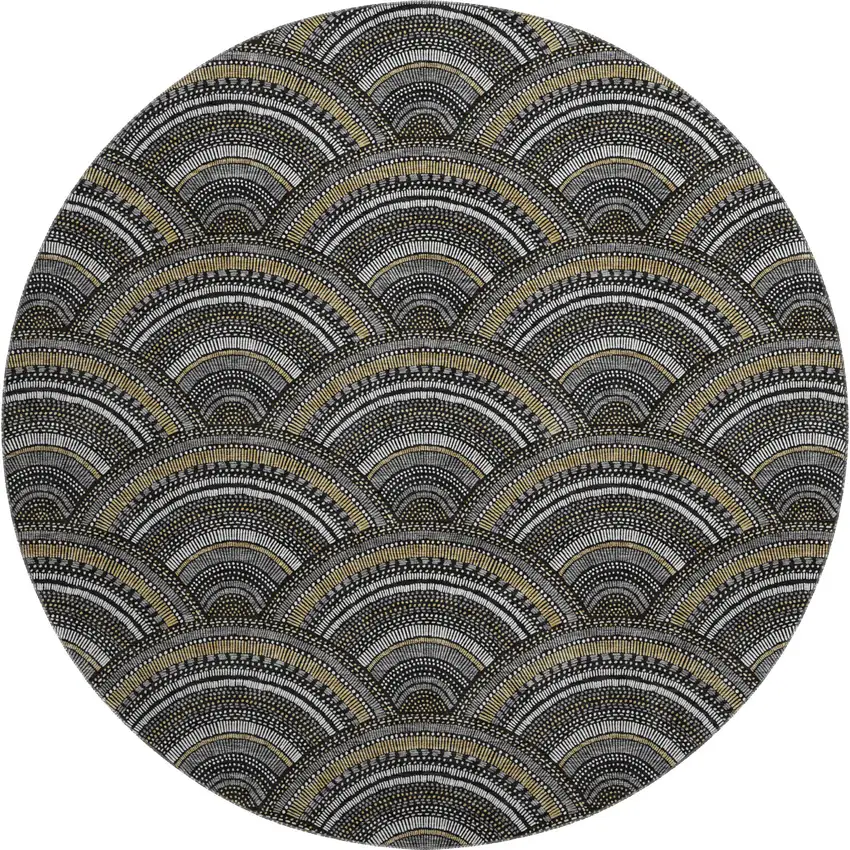 8' Black Gray And Gold Geometric Washable Round Rug With UV Protection Photo 1