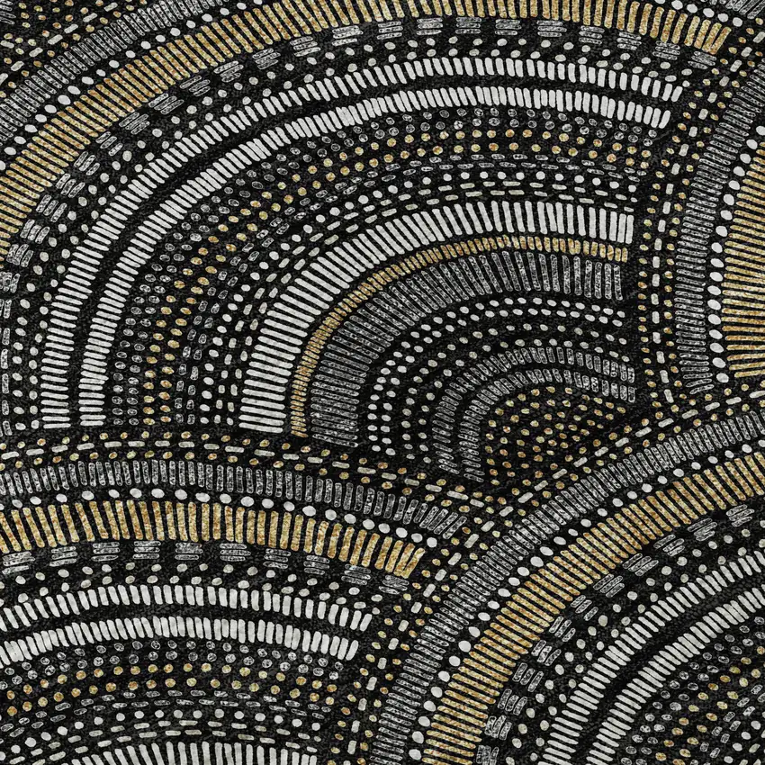 8' Black Gray And Gold Geometric Washable Round Rug With UV Protection Photo 8