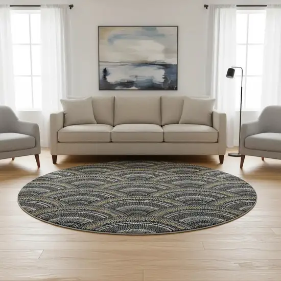 8' Black Gray And Gold Geometric Washable Round Rug With UV Protection Photo 2