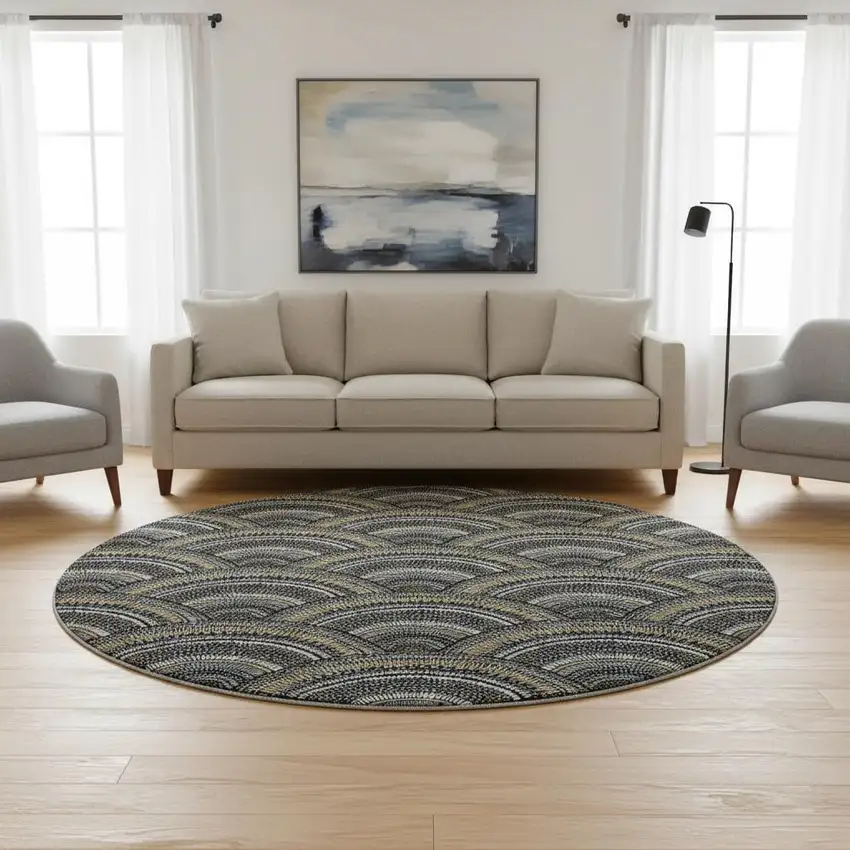8' Black Gray And Gold Geometric Washable Round Rug With UV Protection Photo 2