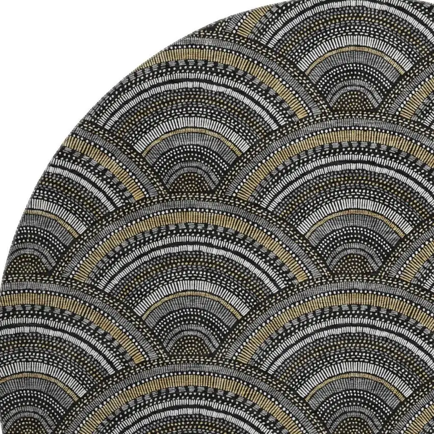 8' Black Gray And Gold Geometric Washable Round Rug With UV Protection Photo 3