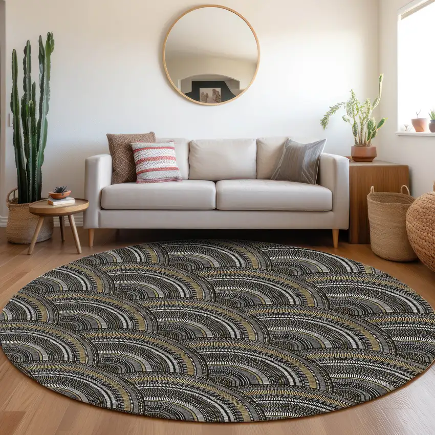 8' Black Gray And Gold Geometric Washable Round Rug With UV Protection Photo 4