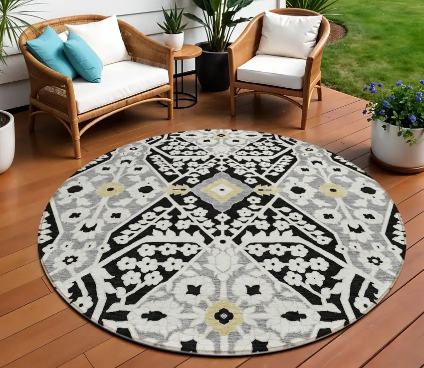 8' Black Gray And Gold Round Floral Washable Indoor Outdoor Area Rug Photo 1