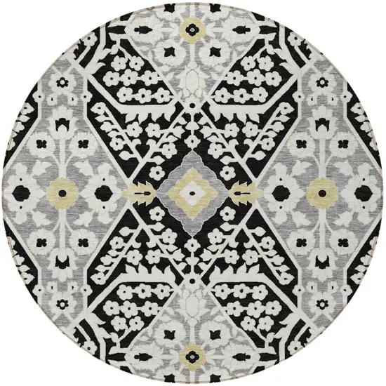 8' Black Gray And Gold Round Floral Washable Indoor Outdoor Area Rug Photo 8